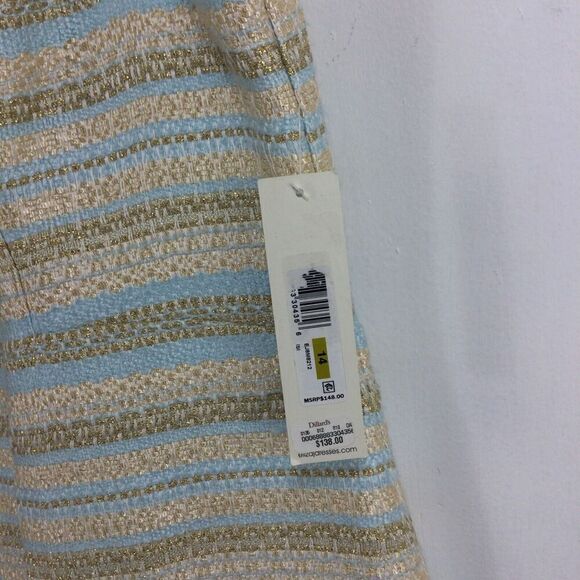 Eliza J Striped Tweed Dress Cream Blue Gold Metallic Shimmer Size 14 - Picture 2 of 10